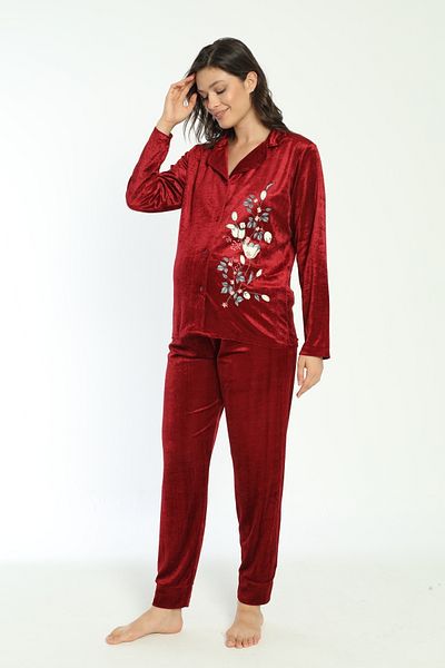 Miss Dünya Lissa Burgundy Front Buttoned Velvet Maternity and Maternity Pajamas Set