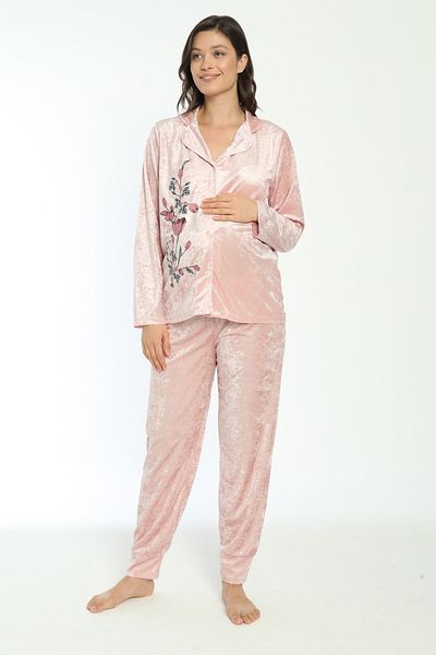 Miss Dünya Lissa Salmon Front Buttoned Velvet Maternity and Maternity Pajamas Set