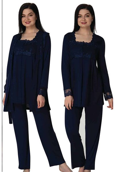 BLACKMORE Women's Navy Blue Lace Pregnant Maternity Dressing Gown 3-Piece Pajamas Set