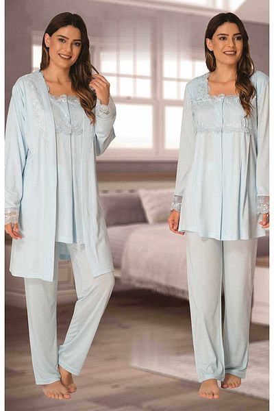 BLACKMORE Set de pijamale din 3 piese pentru maternitate, albastru, cu dantelă, pentru femei