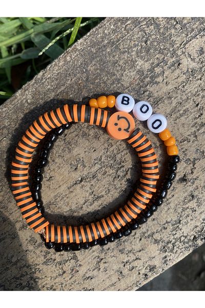 Stoneday Orange Black Smiley Face Figured Emoji Halloween Halloween Set of 2 Bracelets