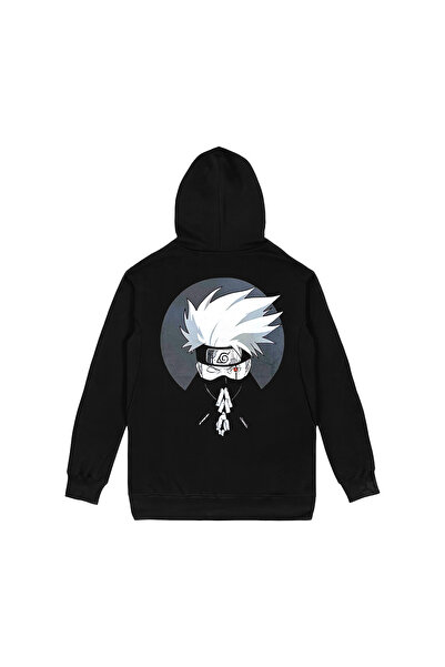 Orijin Tekstil Naruto Kakashi Hatake Ön Arka Baskılı Siyah Kapşonlu Sweatshirt
