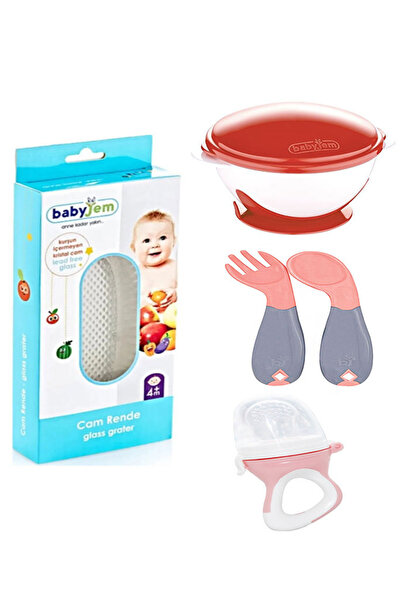 Babyjem طبق طعام مفرغ باللون البرتقالي - شوكة ملعقة بزاوية + لهاية سيليكون لل...