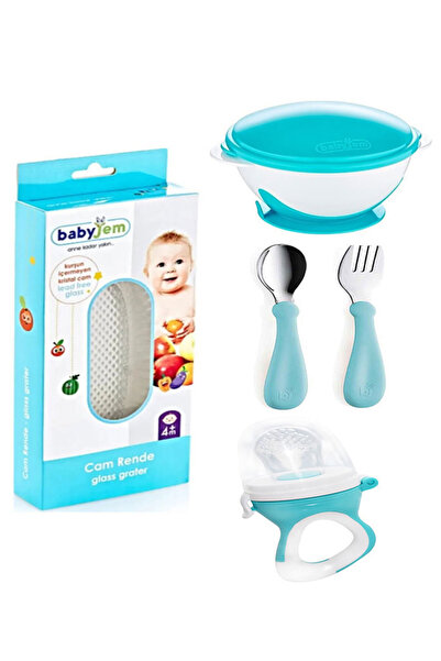 Babyjem Vakumlu Mama Tabağı + Paslanmaz Çelik Çatal Kaşık + Silikon Uçlu Meyve Sebze Emziği + Cam Rende