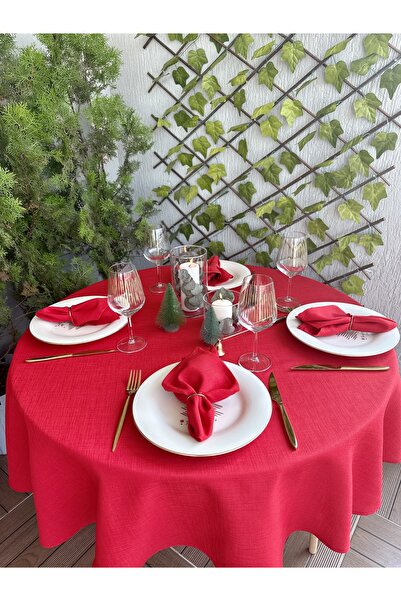 Decamor home Linen Textured Red Round Table Cloth