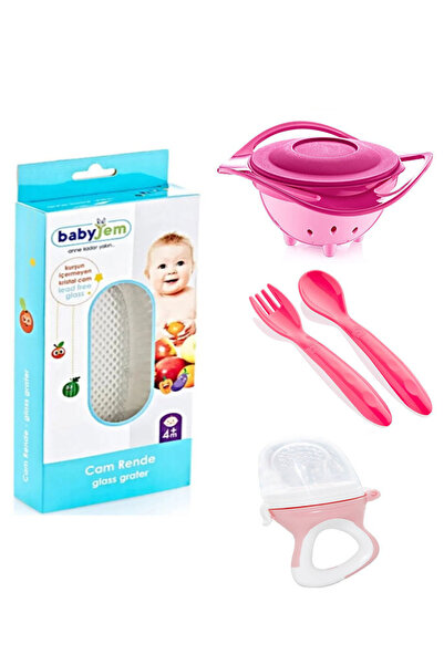 Babyjem Cam Rende + Dökülmeyen Tabak Pembe + Mama Kaşık Çatal Takımı + Siliko...