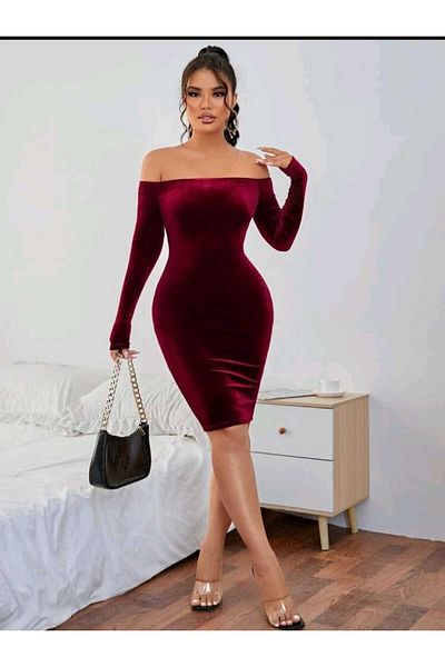 charango rochie creion de seară de catifea cu mânecă lungă, decolteu madonna