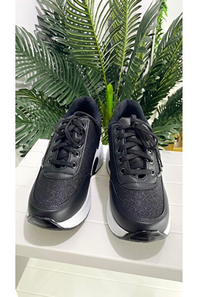 PUNTO 333067 Black Glittered Stone Heeled Sports Shoes