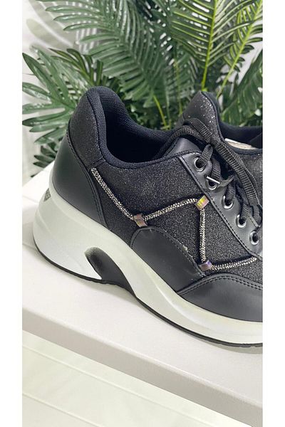 PUNTO 333067 Black Glittered Stone Heeled Sports Shoes