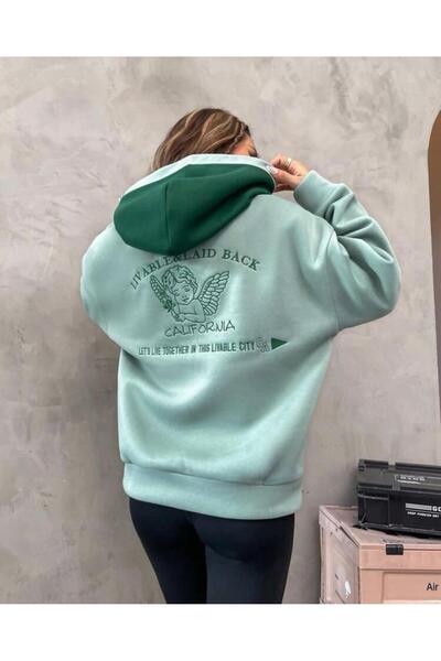MOONBULL Unisex Oversize Mint Yeşili Livable California Sırt Baskılı Yeşil Kapüşonlu Sweatshirt