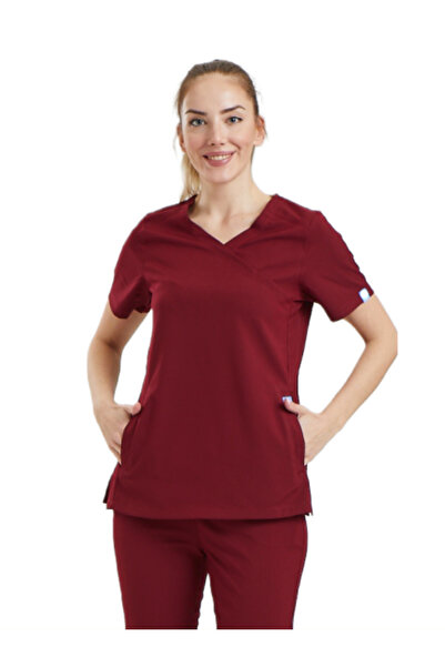 Wio Uniform Clower- Kadın Likralı Bordo Doktor Hemşire Cerrahi Üniforma Üst