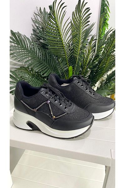 PUNTO 333067 Black Glittered Stone Heeled Sports Shoes
