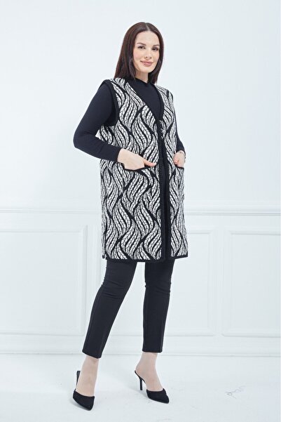 Fresh&Moda Women's Cream Patterned Long Winter Knitwear Mother Vest with Pockets