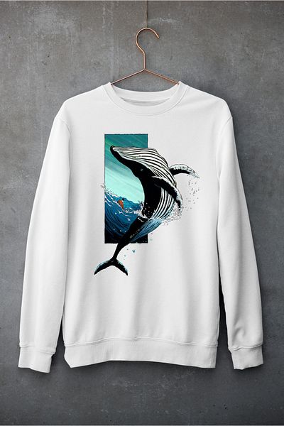 Raf Coll Hanorac unisex oversize cu decolteu rotund cu imprimeu digital Balena, cu două fire în interior