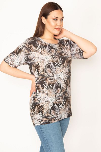 Şans Women's Large Size Mink Bike Collar Patterned Blouse 65n32960