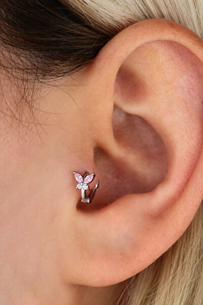 VLM AKSESUAR Tragus Helix Cerrahl Çelik Kelebek Pembe Taş Halka Piercing (6mm)