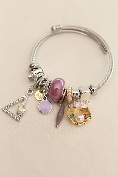 r rojinins Kadın Pandora Charm Çelik Bileklik Lila Taşlı Incili Istiridye Det...