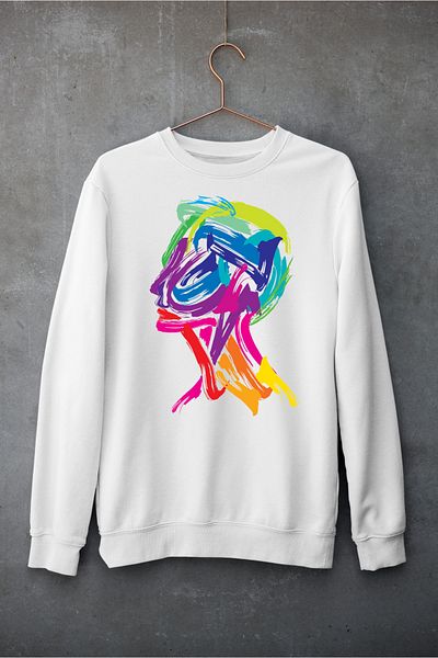 Raf Coll Unisex Oversize Crew Neck Γυναικείο Σχέδιο Προσώπου Ψηφιακό εμπριμέ φούτερ με δύο νήματα εσωτερικά ανυψωμένα