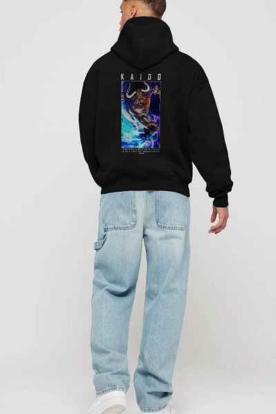 Ankhises Kaido 2 Hanorac negru oversize cu glugă, cu imprimeu pe spate, bărbați, femei