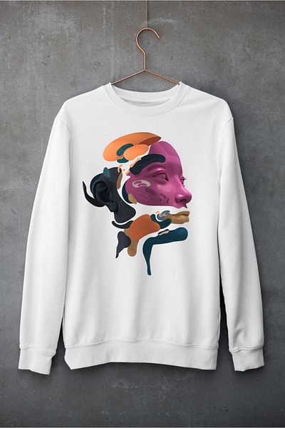 Raf Coll Unisex Oversize Crew Neck Γυναικείο Σχέδιο Προσώπου Ψηφιακό εμπριμέ φούτερ με δύο νήματα εσωτερικά ανυψωμένα