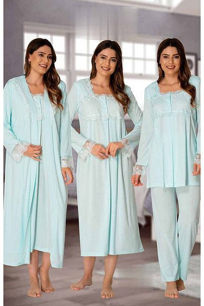 BLACKMORE Women's Turquoise Lace Long Sleeve Pregnant Maternity Dressing Gown Pajama Set and Nightgown Set of 4