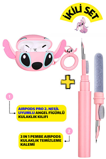 EWEC Pro 2. Nesil Uyumlu Angel Figürlü Kulaklık Kılıfı ve Pembe 3'ü 1 Arada K...