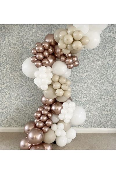 Çemrek Süs Parti Retro Sea Sand White and Rose Chrome Balloon Chain Set 100 Pieces Balloon and Chain