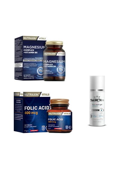 Nutraxin Magnesium Complex B6 + Folic Acid + Facial Cleansing Gel - 60 Tablets + 100 Tablets + 100ml Gift