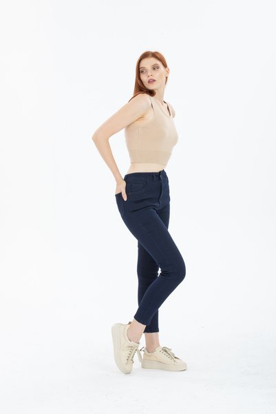 Generic Brand Pantaloni de blugi din lycra, albastru închis, cu talie înaltă, cu picior îngust