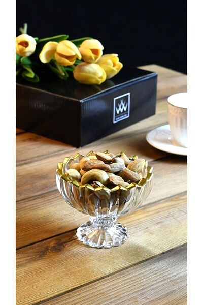 Wow Home Art - 6 Pieces Glass Footed Bowl with Gold Detail - Snack Bowl - Jam Bowl - Turkish Delight Bowl - Presentation Bowl