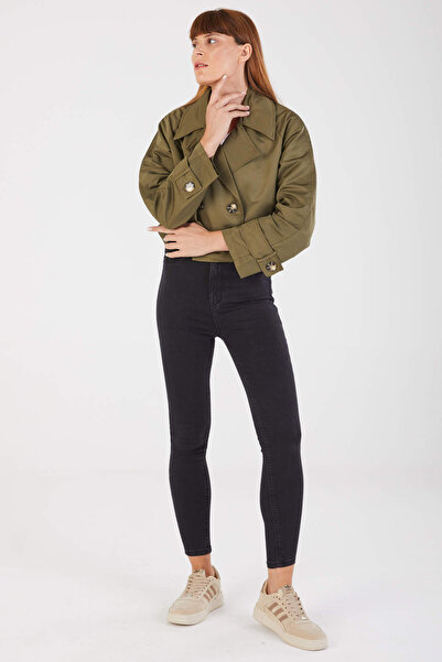 STİLPİX Kadın Haki Kruvaze Yaka Yarım Trençkot | Women's Khaki Double Breasted Collar Half Trench Coat