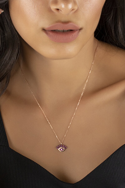 SUNSHINE 925 Ayar Rose Kaplamalı Pembe Taşlı Göz Minimal Gümüş Kolye