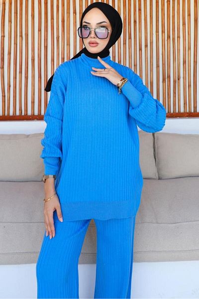 benguen 6118 Costum tricotaj cu cordon Albastru