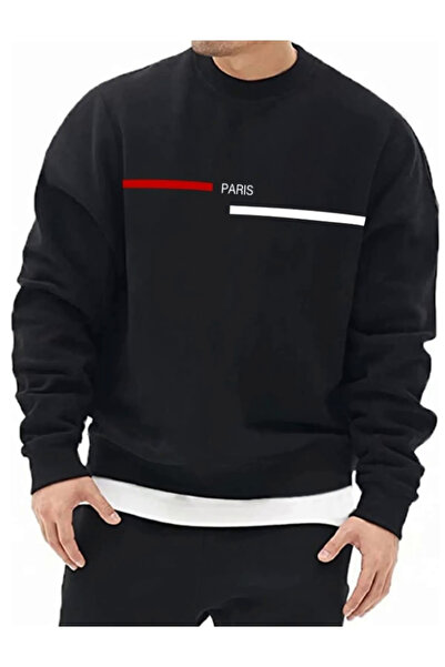 MELADYAN سويت شيرت أسود برقبة دائرية مطبوع للجنسين من باريس