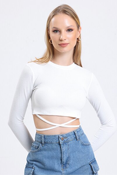 MD trend Women's Ecru Cross-Tied Crew Neck Long Sleeve Ribbed Crop Blouse