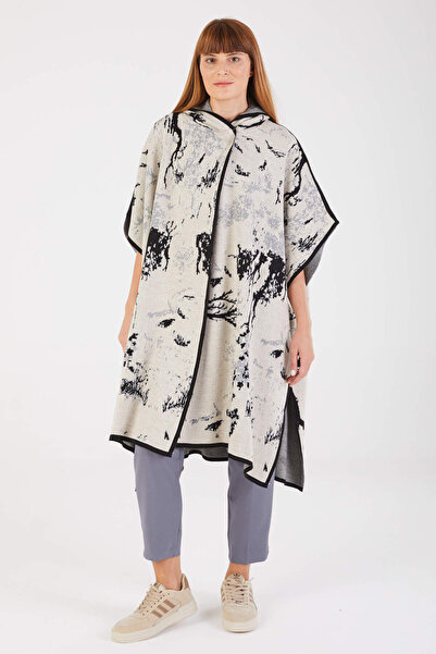 STİLPİX Kadın Bej Desenli Kapşonlu Uzun Panço | Women's Beige Patterned Hoode...