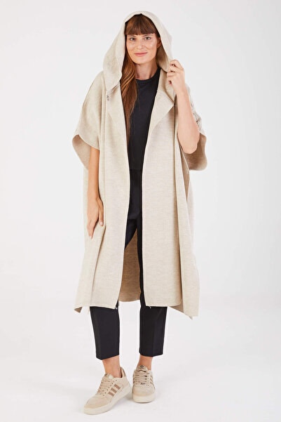 STİLPİX Kadın Bej Uzun Kapşonlu Triko Panço | Women's Beige Long Hooded Knitw...