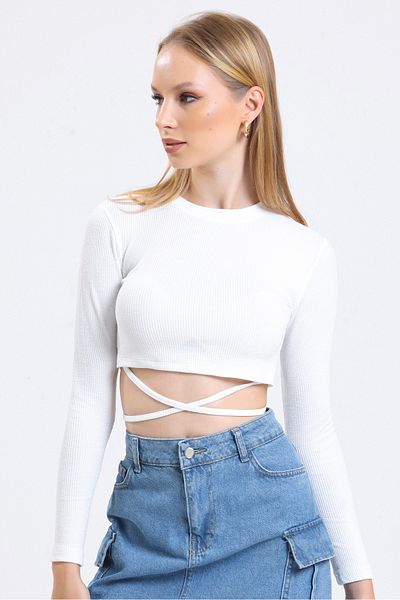 MD trend Women's Ecru Cross-Tied Crew Neck Long Sleeve Ribbed Crop Blouse