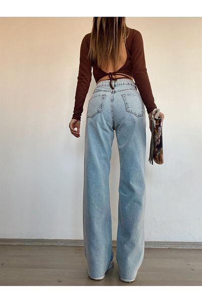 SANTA BELLA Pantaloni de blugi pentru femei Kety Light Blue Acid Wash, cu talie super înaltă, cu picioare largi