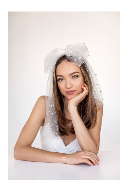 bba new trend Wedding Hair Accessory, Modern Wedding Veil, Pearl Veil, Bow Tie Veil, Pearl Fabric