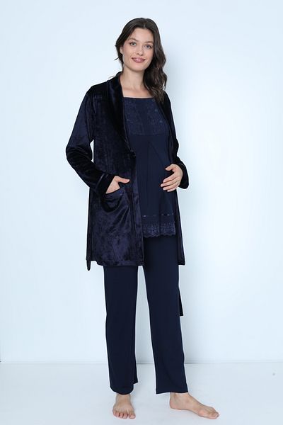 Miss Dünya Lissa Navy Blue Velvet Maternity and Maternity Pajamas Set with Dressing Gown