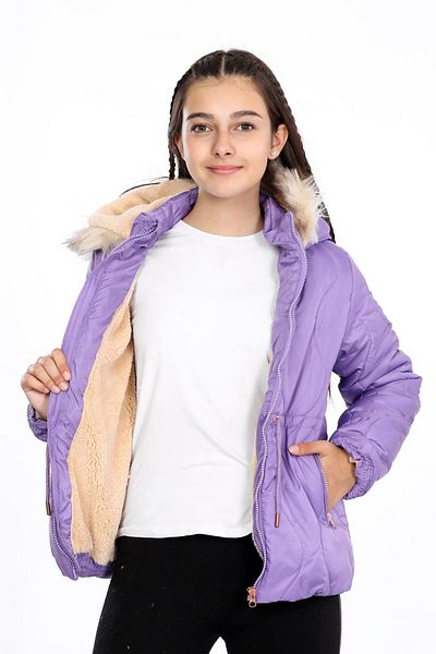 VODENS Girl's Thick Fur Water Repellent Lilac Coat with Fleece Underwear