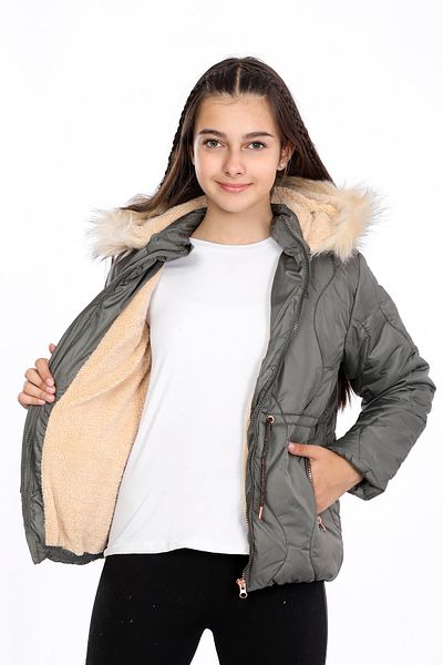 VODENS Girl's Thick Fur Water Repellent Khaki Coat with Fleece Inner
