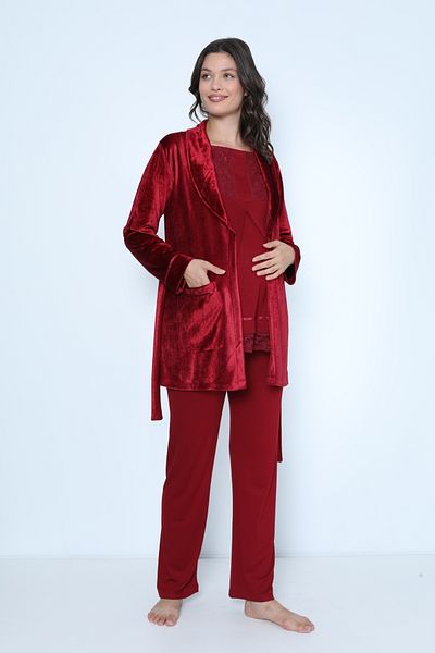 Miss Dünya Lissa Claret Red Velvet Maternity and Maternity Pajamas Set with Dressing Gown