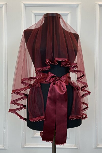 ZEYMERADE Bordo Biyeli Ucu Boncuklu Gelin Duvak Kuşak El Gülü Eldiven Set Kın...