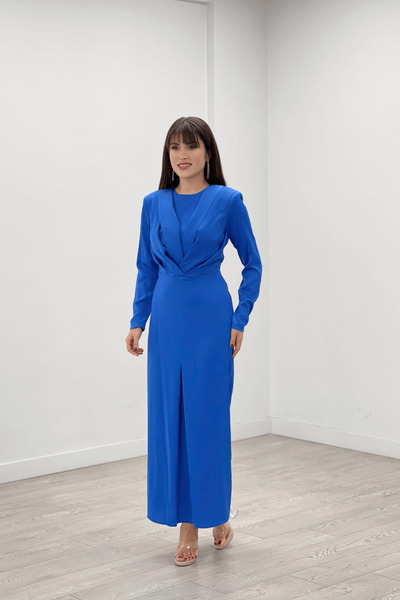 giyimmasalı Saten Kumaş Pile Detaylı Tesettür Abiye Elbise - SAKS MAVİ