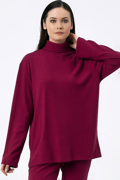 MissKybele Büyük Beden Balıkçı Dik Yaka Düşük Uzun Kol Dokulu Rahat Kalıp Lik...
