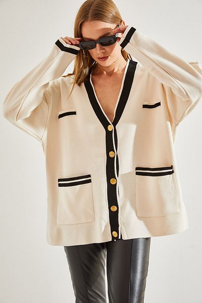 Bianco Lucci Gestreifter, geknöpfter Oversize-Cardigan für Damen mit doppelten Taschen