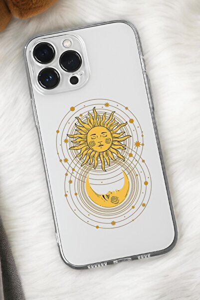 mooodcase iPhone 15 Pro Max Uyumlu Moon and Sun Desenli Premium Silikonlu Şeffaf Telefon Kılıfı
