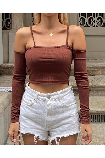 MST CLOTHİNG Καφέ μπλούζα με γιακά Madonna και μανίκια με ραφές